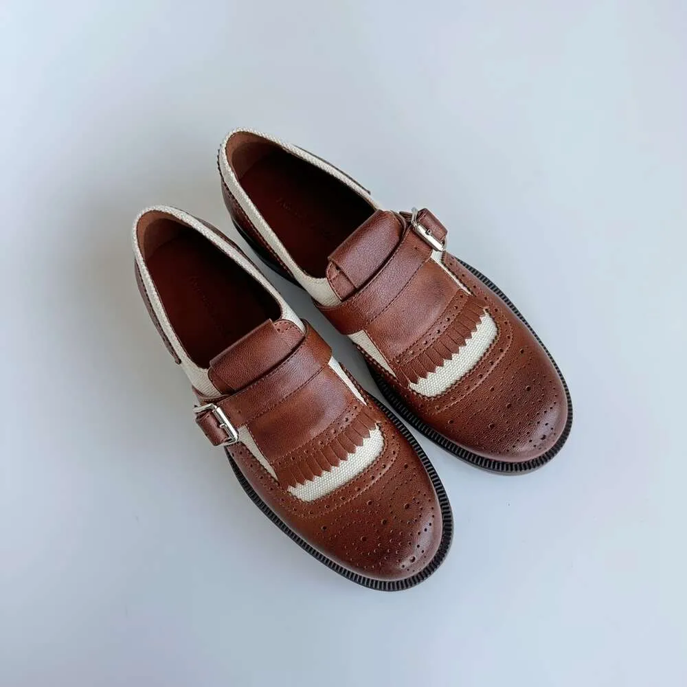 2024 Spring/summer New Sculptured Small Leather Modern and Worn Casual Suo Lefu Shoes Brown Belt Buckle