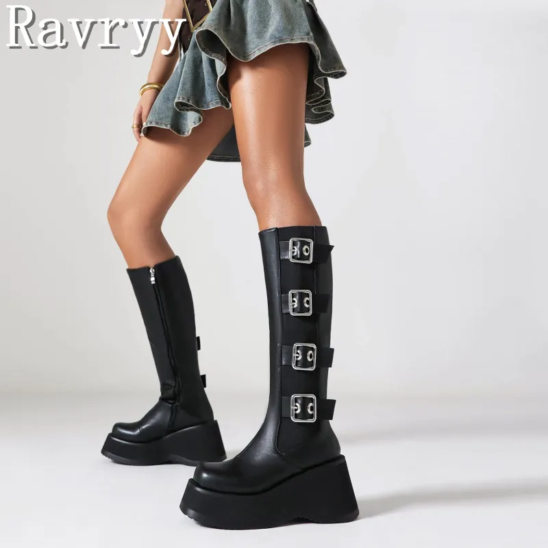 Boots Women Punk Gothic Classic Black Wedge Motorcycle High Heels Belt Buckle Platform Knight Boot Winter Warm Shoes