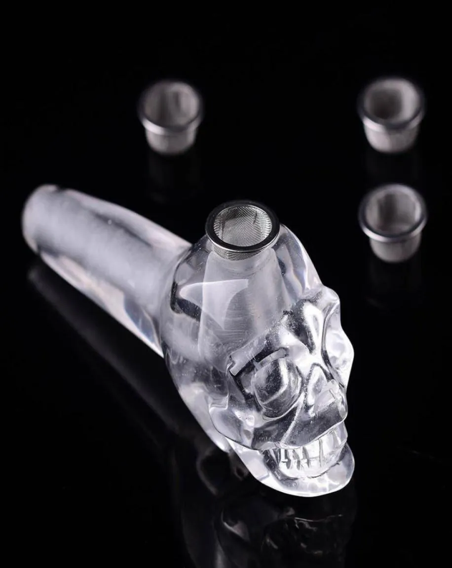 1pcs Semi Precious Clear Crystal Quartz Skull Rock Wand Smoking Pipes 3Metal Filters handicraft Increased energy2023368