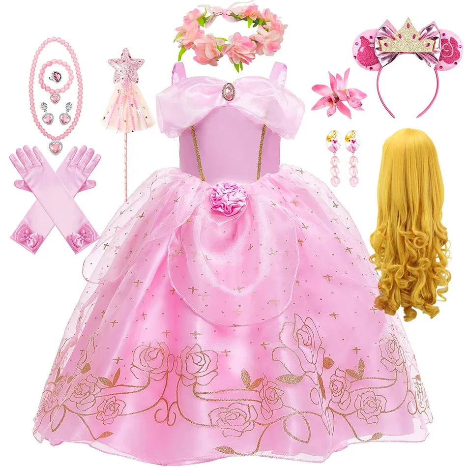 Aurora Pink Princess Dress Girl Sleeping Beauty Cosplay Costume Summer Floral Rose Print Sling Frocks 2-10 år barn Elegant klänning 240417