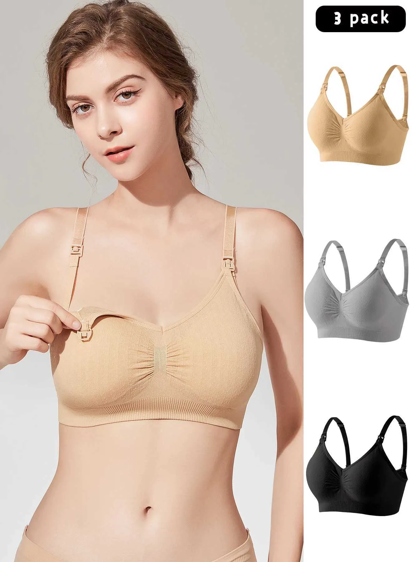 Bras 3 PCS Set Breathable Front Open Nursing Bra Maternity Underwear Pregnancy Bra Full Cup Wireless Comfortable Breastfding Bra Y240426