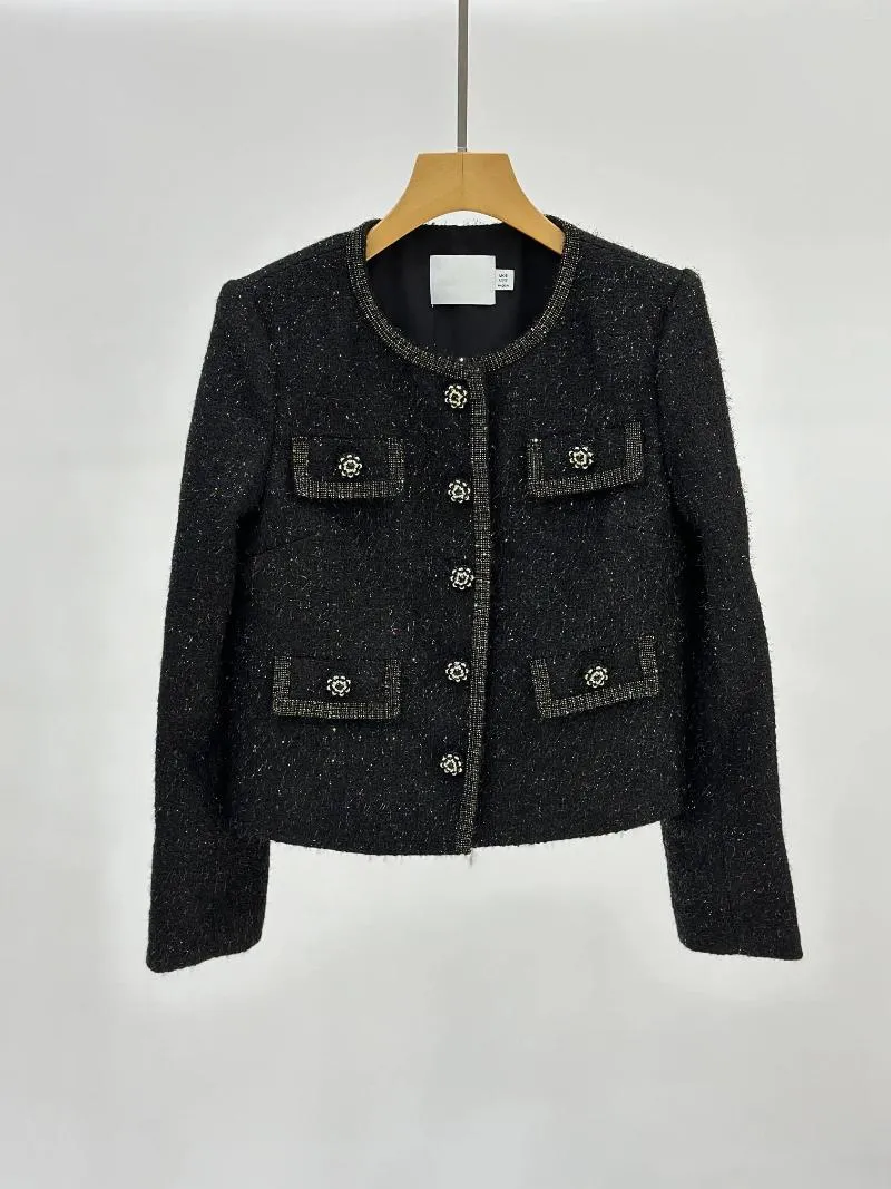 Женские куртки 2024 весна/лето носить черный элегантный классический твидный яркий шелковый шелковый шейный пальто 0322
