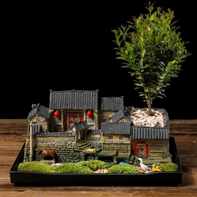 Planters Pots Chinese style retro miniature landscape old house flower pot creative niche indoor decoration bamboo bonsai Q240429