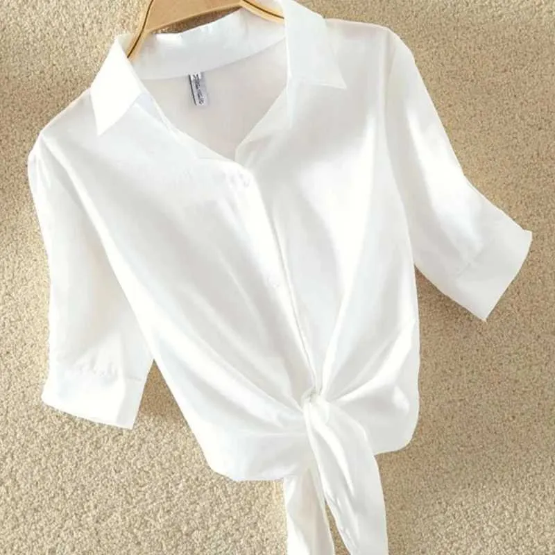 Casual White Blue for Women Elegant Solid Short Slve Shirt Bow Belt Midje Office Lady Tops Summer Clothes 19870 Y240426