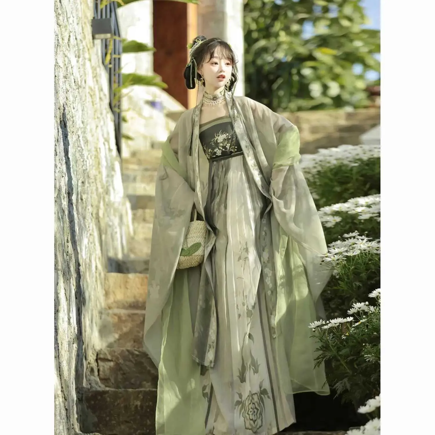 Ubranie etniczne Zielony hanfu chiński tradycyjny styl letni tang damski zestaw szyfonowy drukowana długa suknia