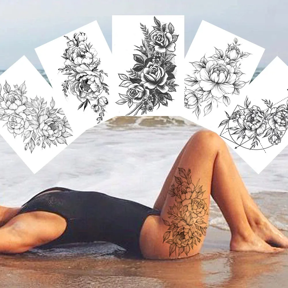 Sexy Blume Temporäre Tattoos für Frauen Körperkunst Malerei Armbeine Aufkleber realistisch gefälschte schwarze Rosen wasserdicht 240423