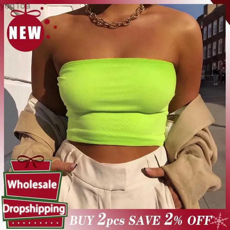 Kvinnors tankar Camis Heta och sexiga korta kvinnor Vest Crop Top Summer Fashion Sömlösa ljusa fast färg Elastiska stropplös Vest Topl240429