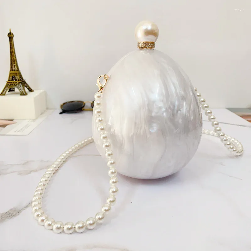 Sac mariage ovale embrayage à œuf sac à main acrylique sac de messager de luxe blanc sac à main à longue chaîne perlé pour l'épaule des femmes