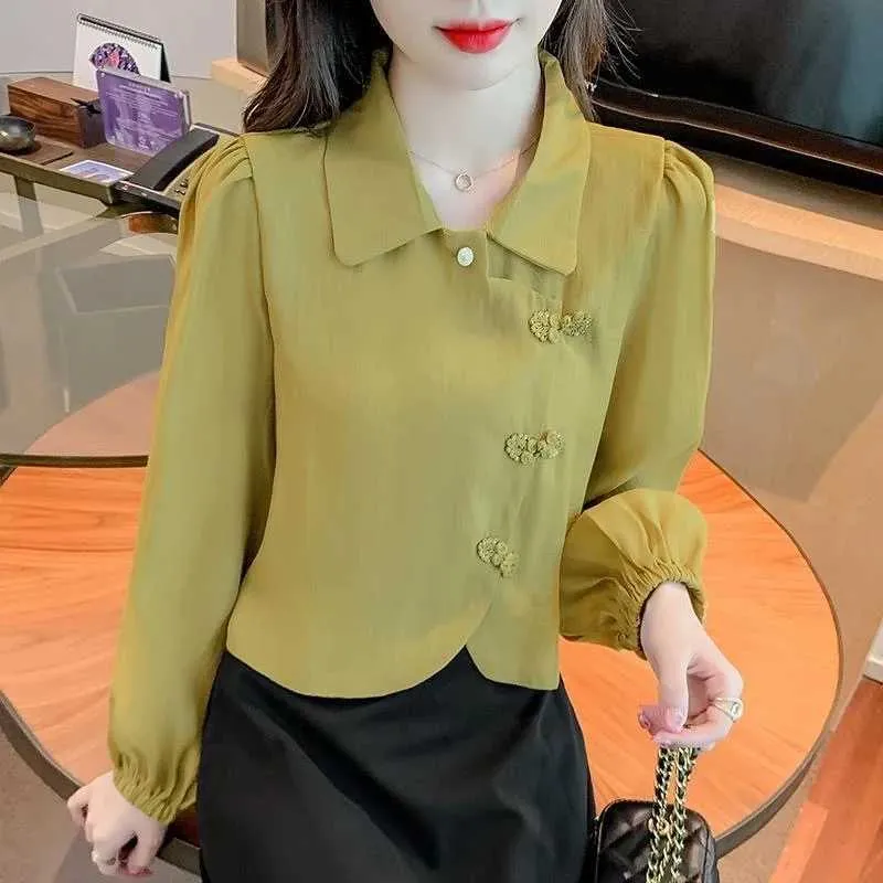 Women's Blouses Shirts vrouwen Spring herfststijl blouses shirts dame casual lange slve Chinese knoopknop vaste kleur korte blusa's tops zz1610 y240426