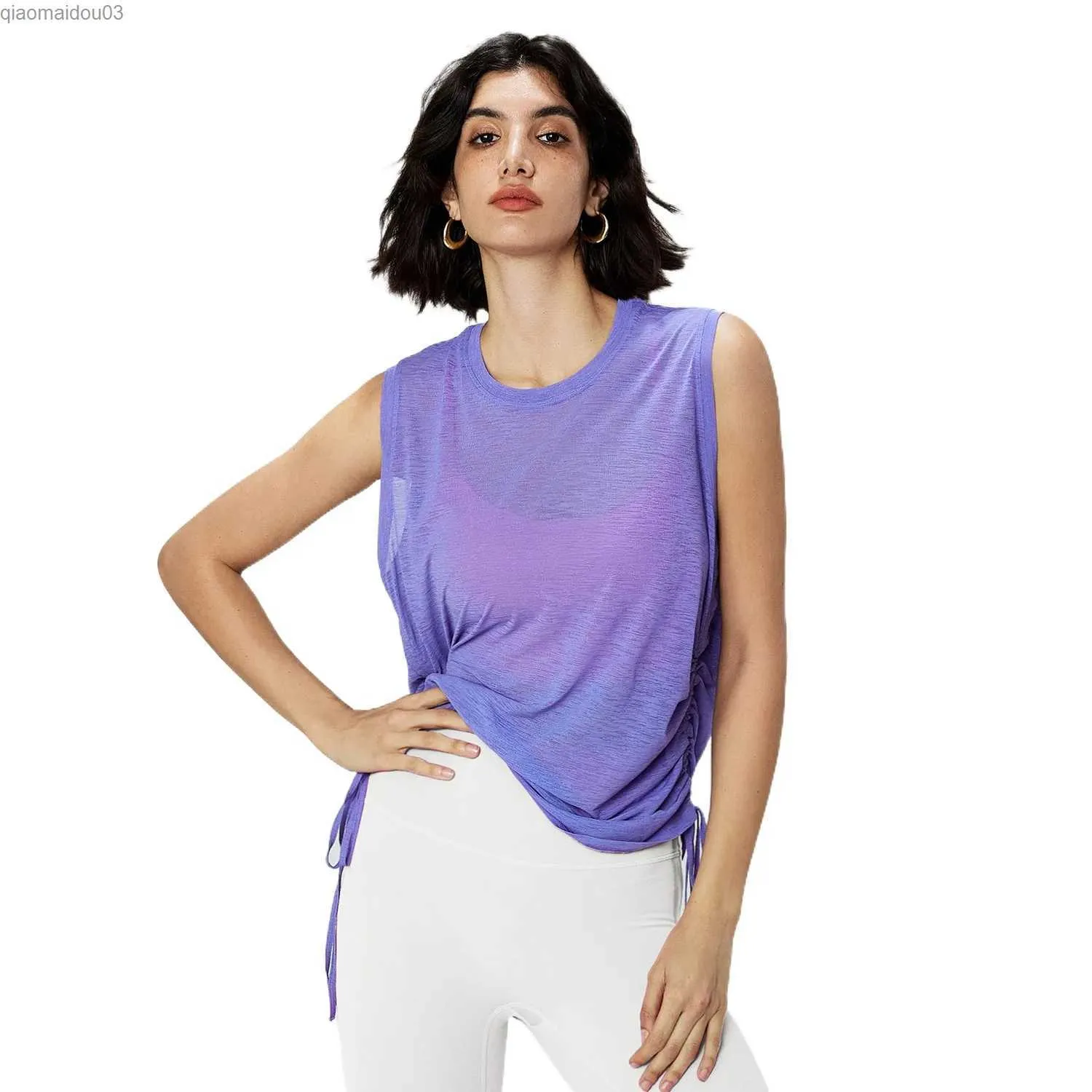 Active Shirts Tees Mermaid curve velvet yarn summer breathable yoga vest womens loose round neck sleeveless sports top with brushed yoga shirt at the hemL24029