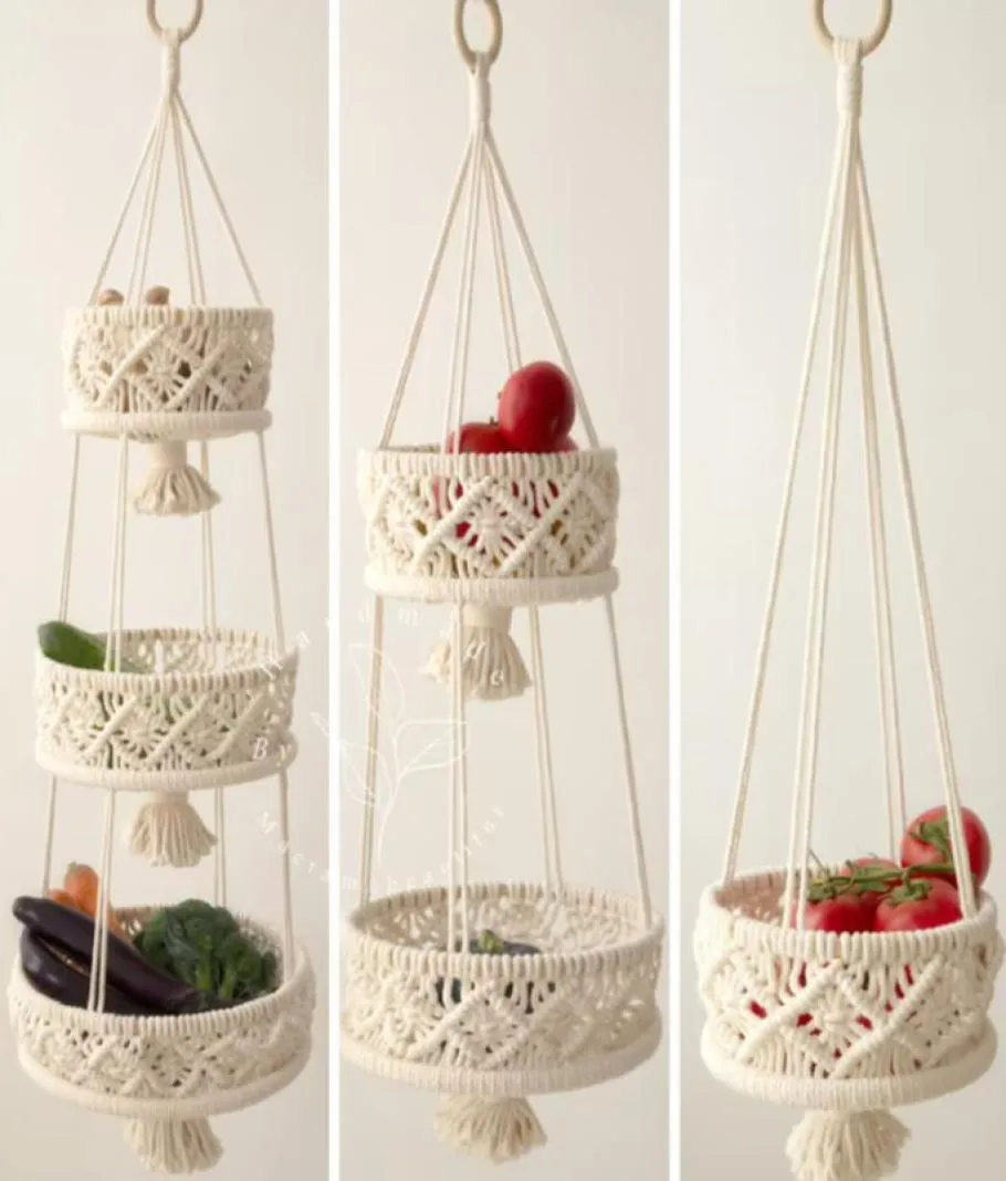 3 Tier Macrame Hanging Basket Boho Home Decor Flower Plant Hängande fruktkorg för kök inomhus utomhusdekorativ 220219507316