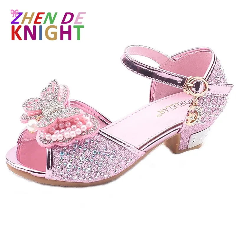 Sandalen Little Girls Rhinestone Bow Highheeled Sandals Princess Dancing Summer Pu Leather Shoe Big Girl 3 4 5 6 7 8 9 10 11 12 -jarige