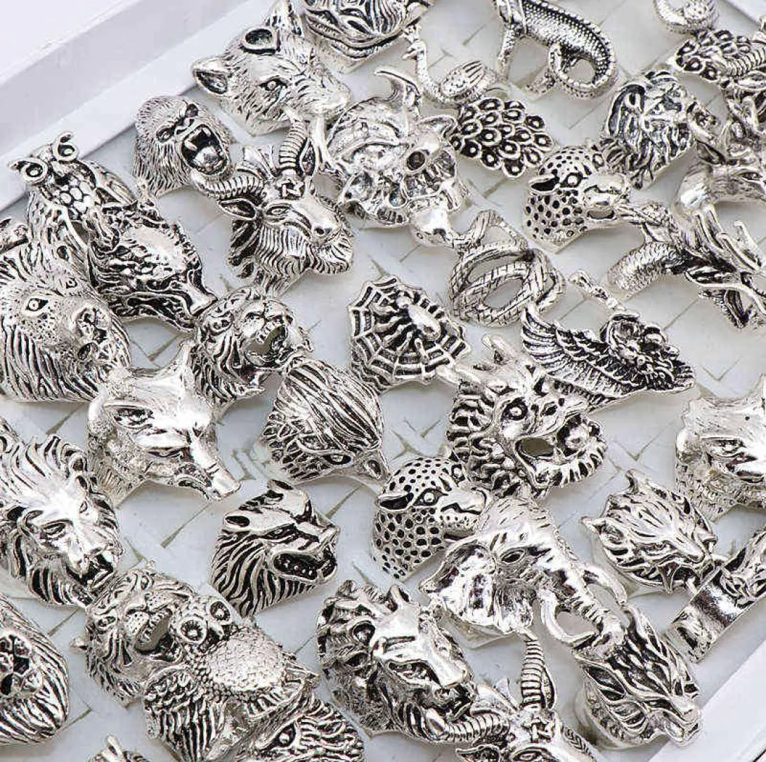 En gros 20pcs / lots mélange hibou Dragon Wolf Elephant Tiger etc Style Animal Anneaux Bijoux vintage Anneaux pour hommes Femmes 2201137121700