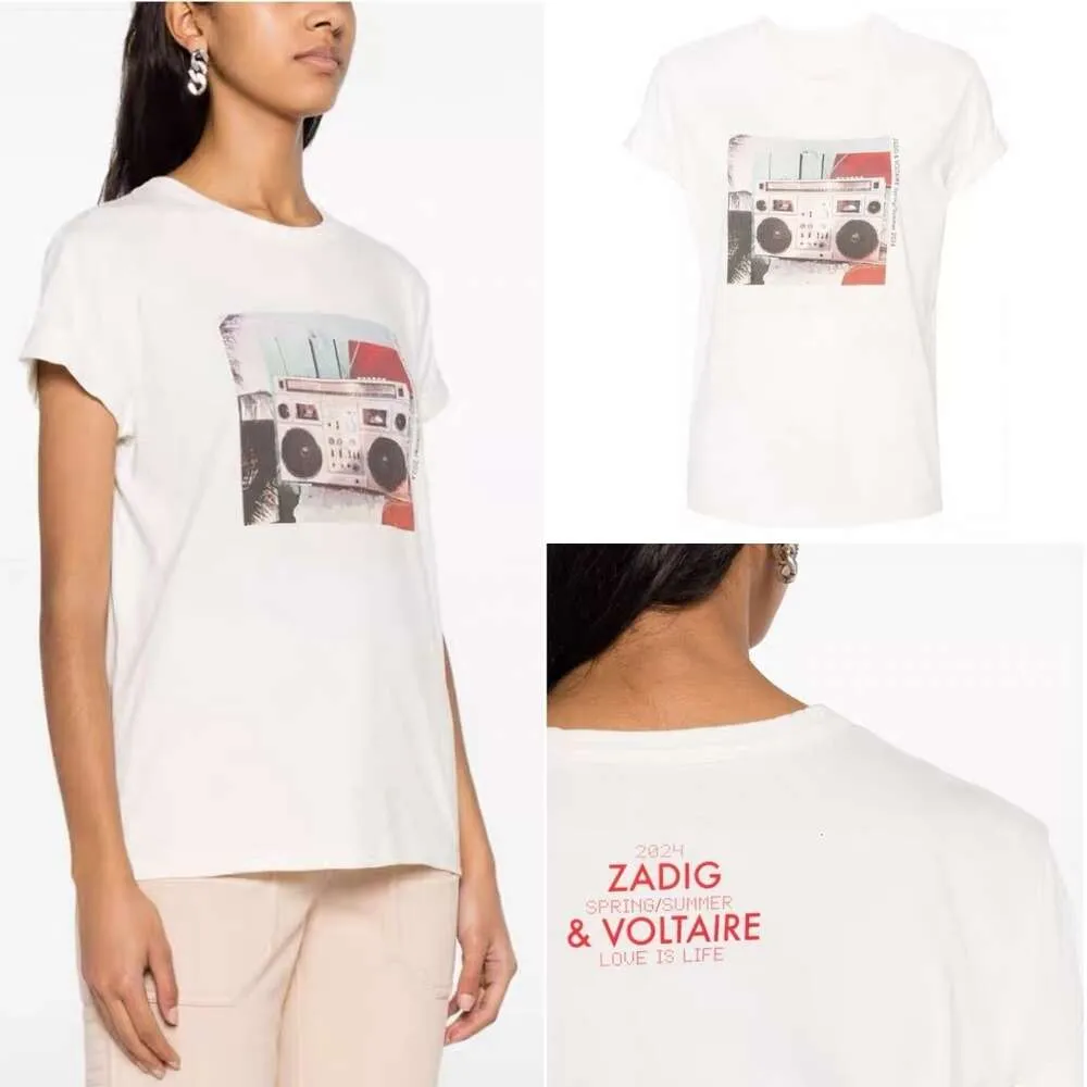 24SS Zadig Voltaire Ny designer Cotton T-shirt Löst klassiskt Hot Letter digitala tryck CULLED SLEEVES TEES Women Casual mångsidig mode Kortärmad t-shirt Topp ZV