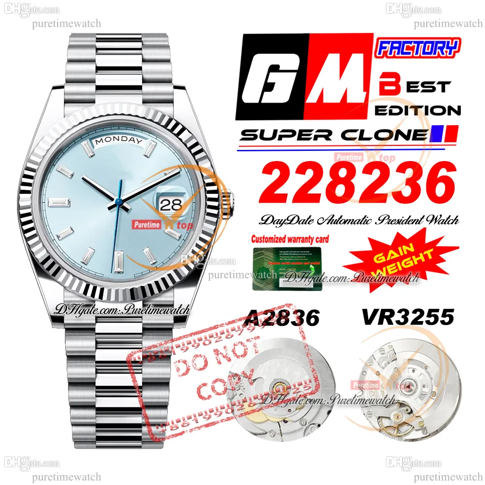 228236 Daydate A2836 VR3255 Automatyczne męskie zegarek GMF V3 Ice Blue Diamond Dial 904L Prezydent Prezydent Bransoletka Super Edition Ta sama karta seryjna Waga Puretime Ptrx