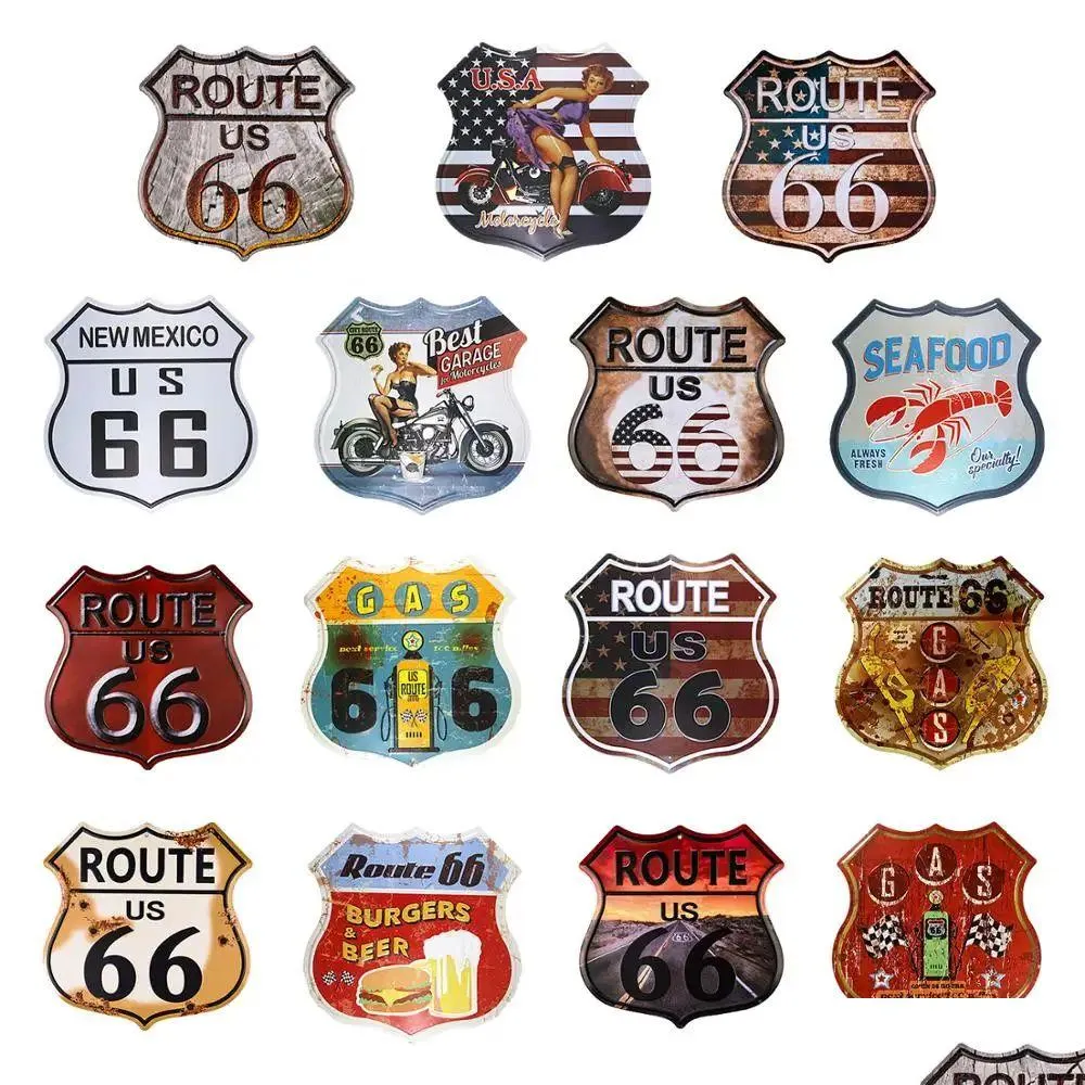 Autre organisation d'entretien ménager établit US Route 66 Irregar Shield Metal Tin Sign Vintage Bar Motor Club Cafe Garage Pin Up Signs Wall Dhni6