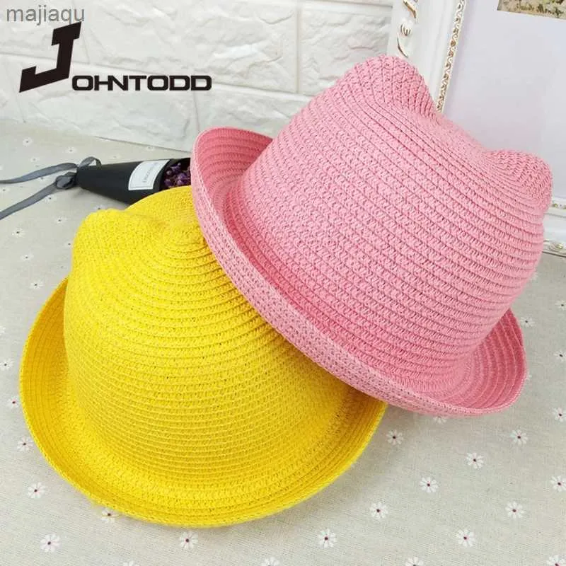 Caps Hats New Handmade Straw hat 7-color Childrens Straw hat Summer Cool Hat Outdoor Travel Male and Female Baby Cat Ear Sun Hat GorroL240429