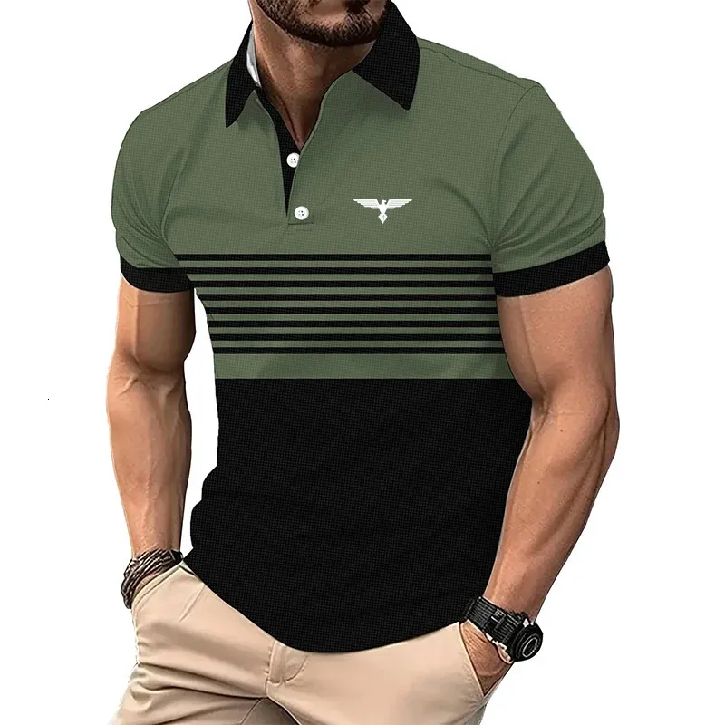 Män sommar casual sport lapel polo skjorta smal fit affär kort ärm rand 240423