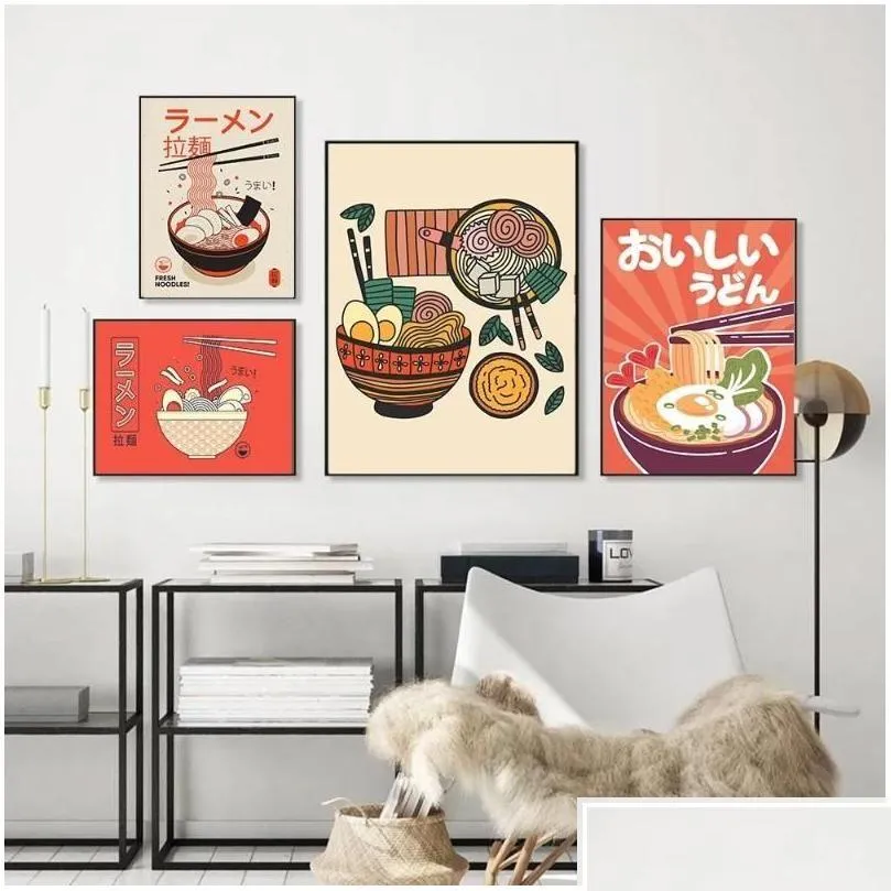 Schilderijen ramen noedels met eieren canvas poster Japanese vintage sushi eten schilderen retro keuken restaurant muur kunstdecoratie dr dhdgz