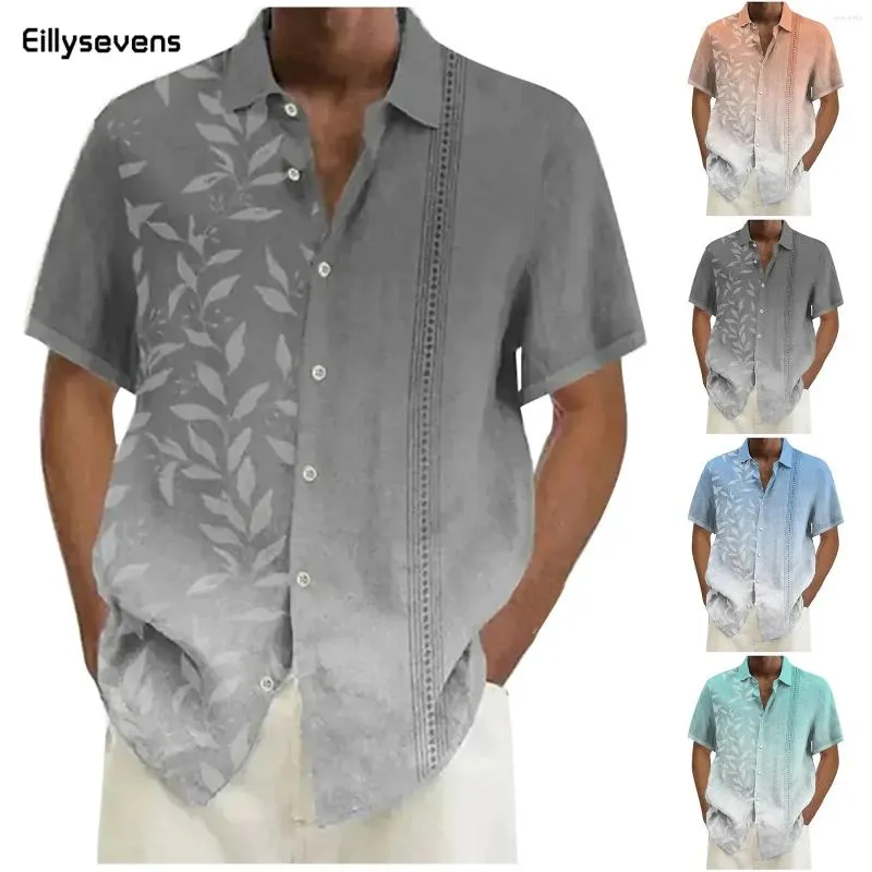 Camisas casuales para hombres Camisa de manga corta Continúa de la estatura Botón Gradiente de algodón de algodón para hombres Blusa de vacaciones vintage M-3xl