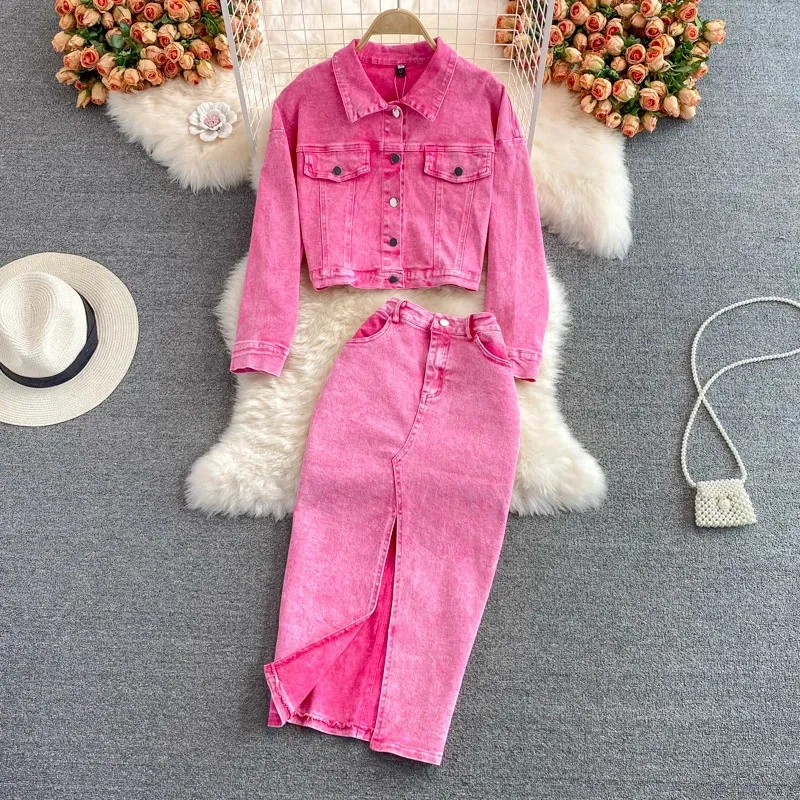 秋の女性ピンクのデニムセットラペル長袖短いデニムジャケットハイウエストデニムスカート韓国の女性2ピースセットストリートウェア240420