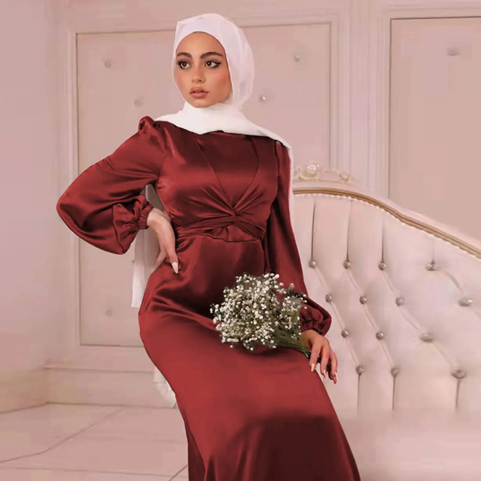 Vrouwen moslim satijnen jurk zachte elegante vaste lange jurk losse taille veter casual elegante feestjurk hijabs voor meisjes s-2xl 240415