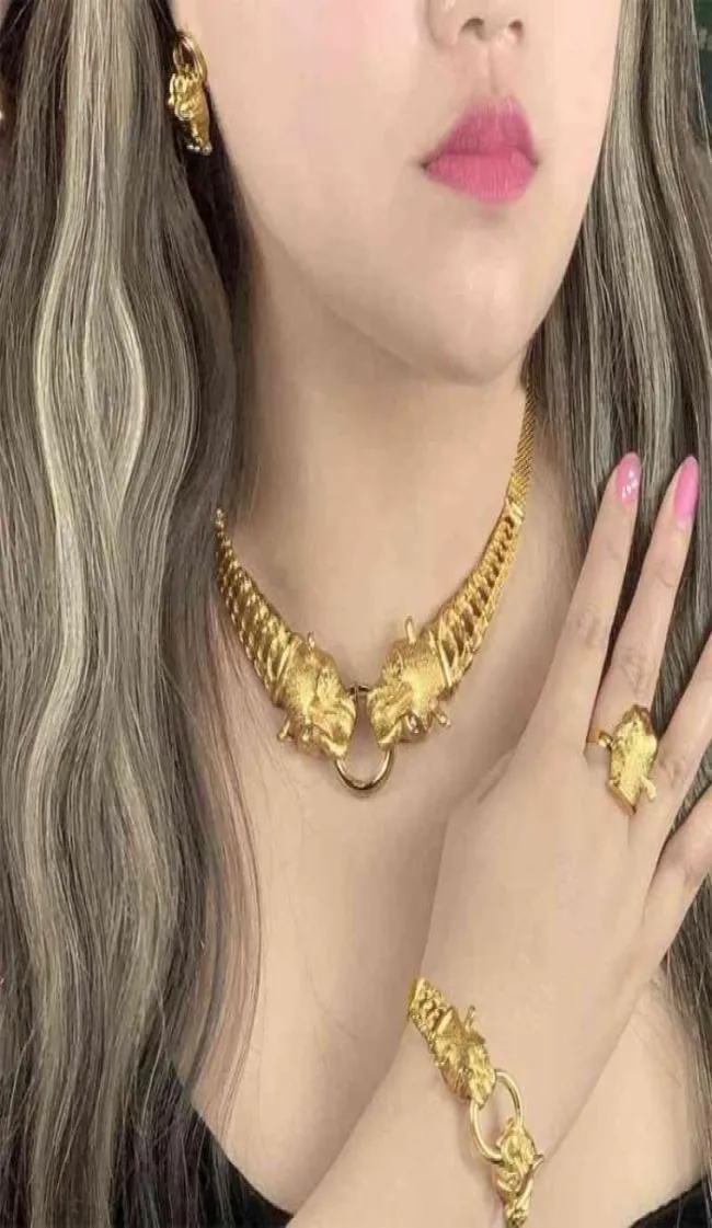 Aniid Dubai Gouden sieradensets voor vrouwen Big Animal Indian Jewely African Designer ketting Ring Earring Wedding Accessories884583515870