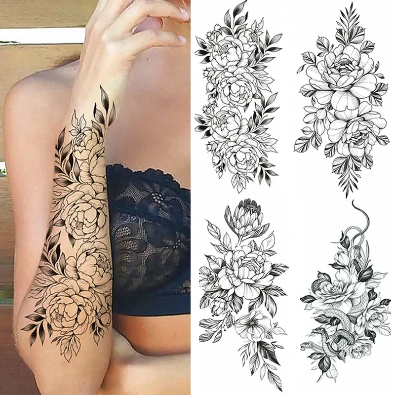 Tatuaggi Black Flower Black Temporanee Tatuaggi Adesivo Sleeva Rosa Moon Moon Butterfly Snake Henna Body Decorare Fallo Realistico Fallo 3D Totem Totem