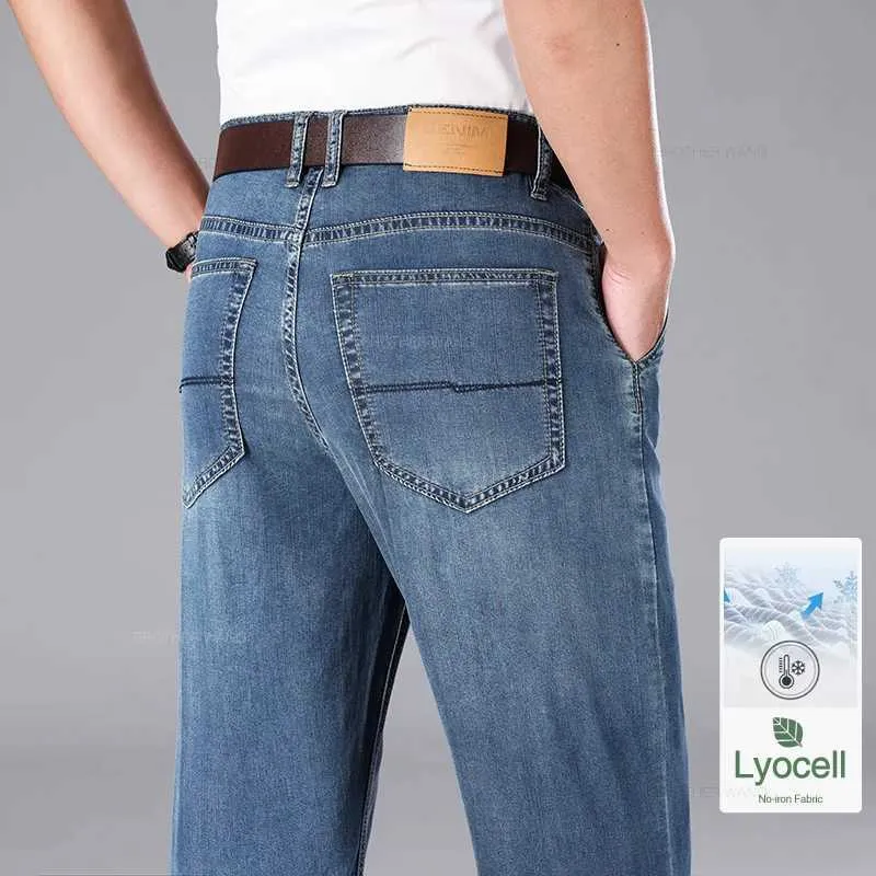 Heren jeans zomer ultradunne heren lyocell ijs zijden jeans zakelijk rechte casual jurk high-end broek hoge taille elastische Q240427