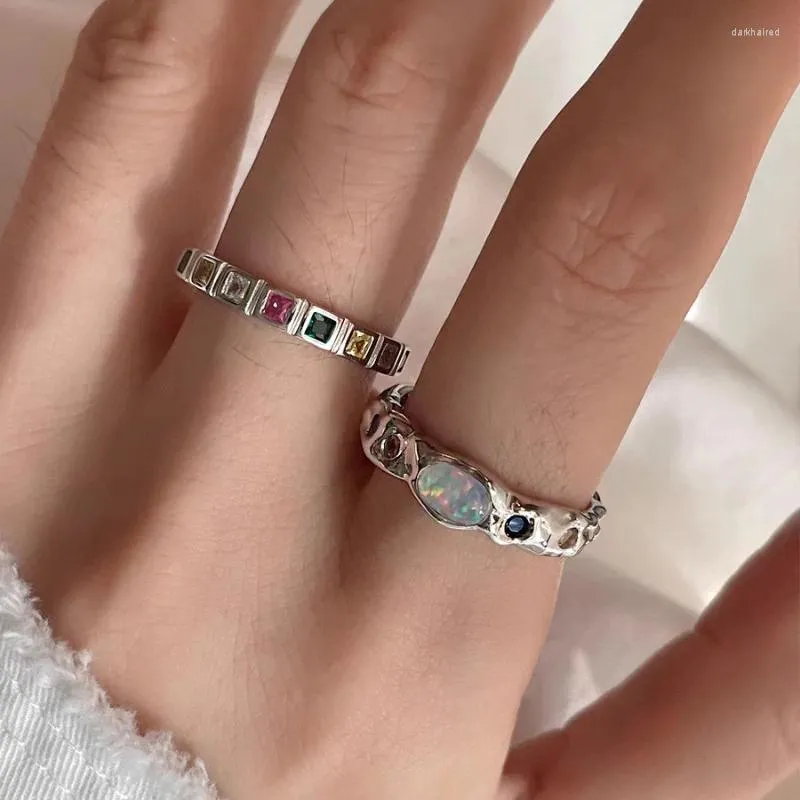 Cluster anneaux Ventfille 925 Anneau zircon de couleur sterling de couleur sterling pour les femmes Girl Gift Opal Block Design