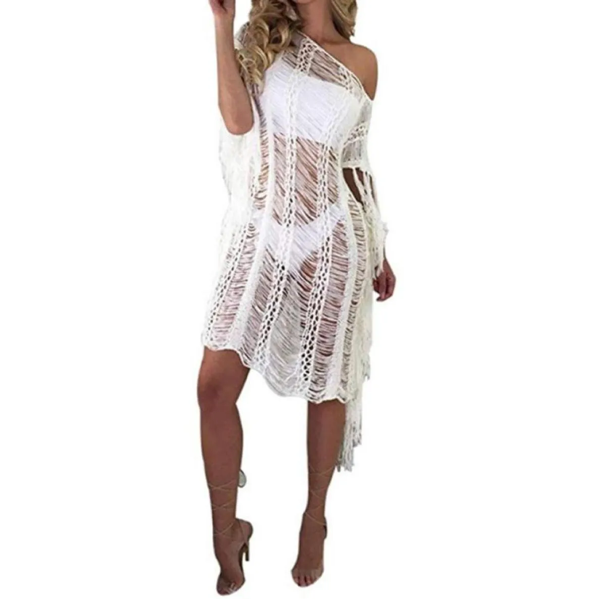 Women Beach Sarongs Tops Solid en dentelle de maillot de bain Cardigan Bikini Bikini Long Cover Up Tshirt Full Sleeve Longueur tunique W304178927642