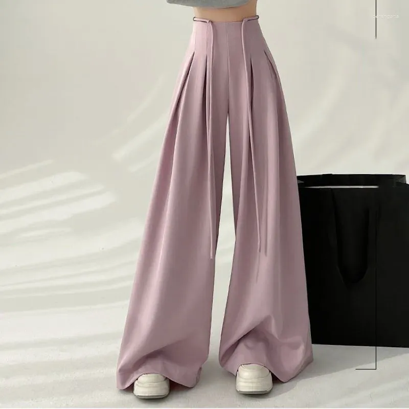 Calça feminina 2024 Moda de primavera de cintura alta cor de cordão sólida cor letra de comprimento reto de comprimento completo