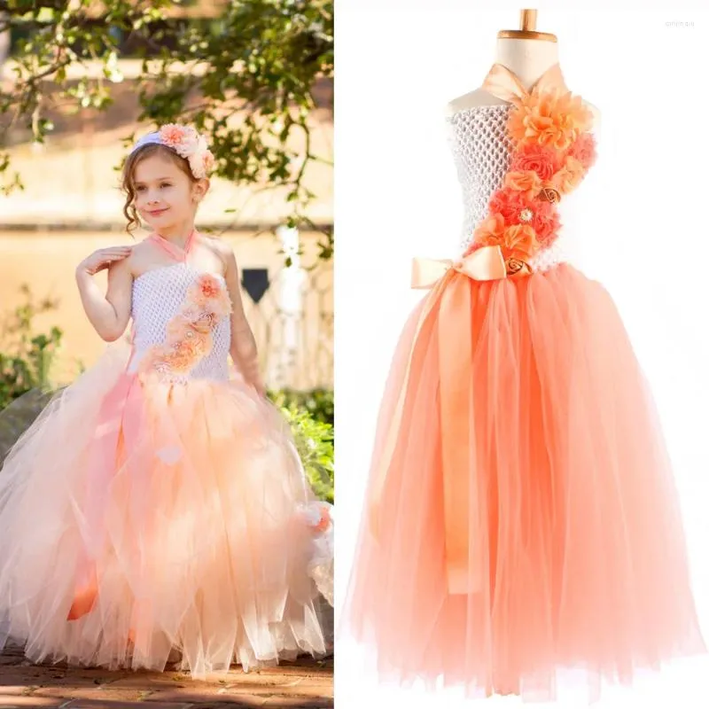 Girl Dresses Girls Dress Kids Cloth Orange Crochet Long Flower Tutu Ball Gown With Ribbon Bow And Headband Children Wedding Party Tutus
