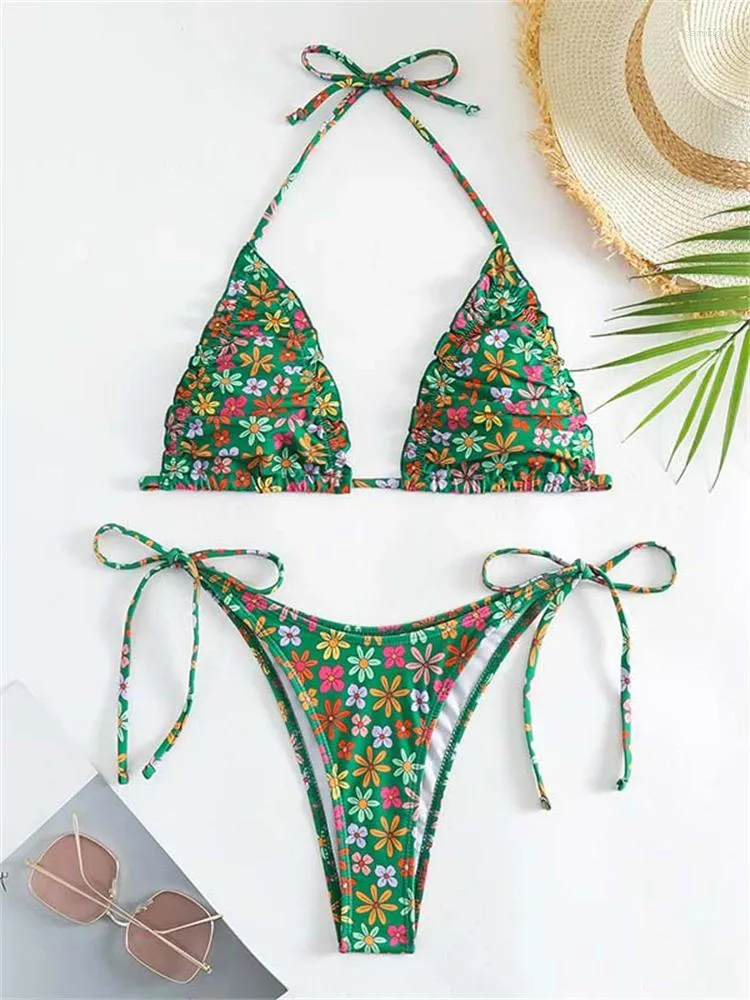 Frauen Bikini Frauen Badeanzug 2024 Grüne Druckhalter Bikinis Set sexy Schnüren -up -Sommer zweiteiligen Strandanzug Weibchen