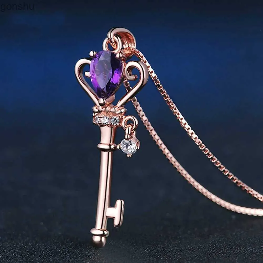 Anhänger Halsketten Natural Amethyst 925 Silber Mosaik Zirkon Schlüssel Anhänger Mode Halskette Personalisierte Schmuckzubehörwx