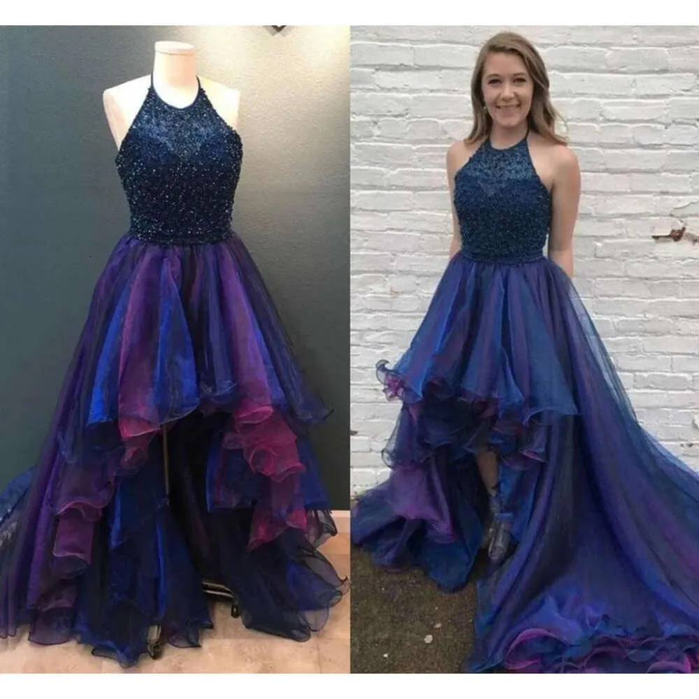 Prom lage sexy jurken hoog 2020 blauw halter kralen top organza sweep trein een lijn avond feestjurken formeel ocn slijtage op maat gemaakt