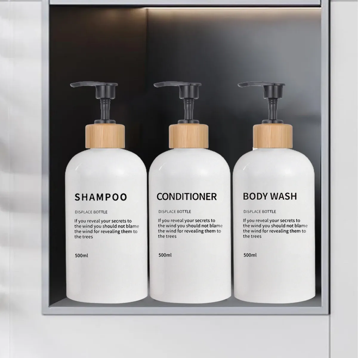 Set 3 Pack Bathroom 500ml Soap Dispenser Shampoo Conditioner Body Wash Bottles Refillable Printed Font Lotion Dispenser Bottles