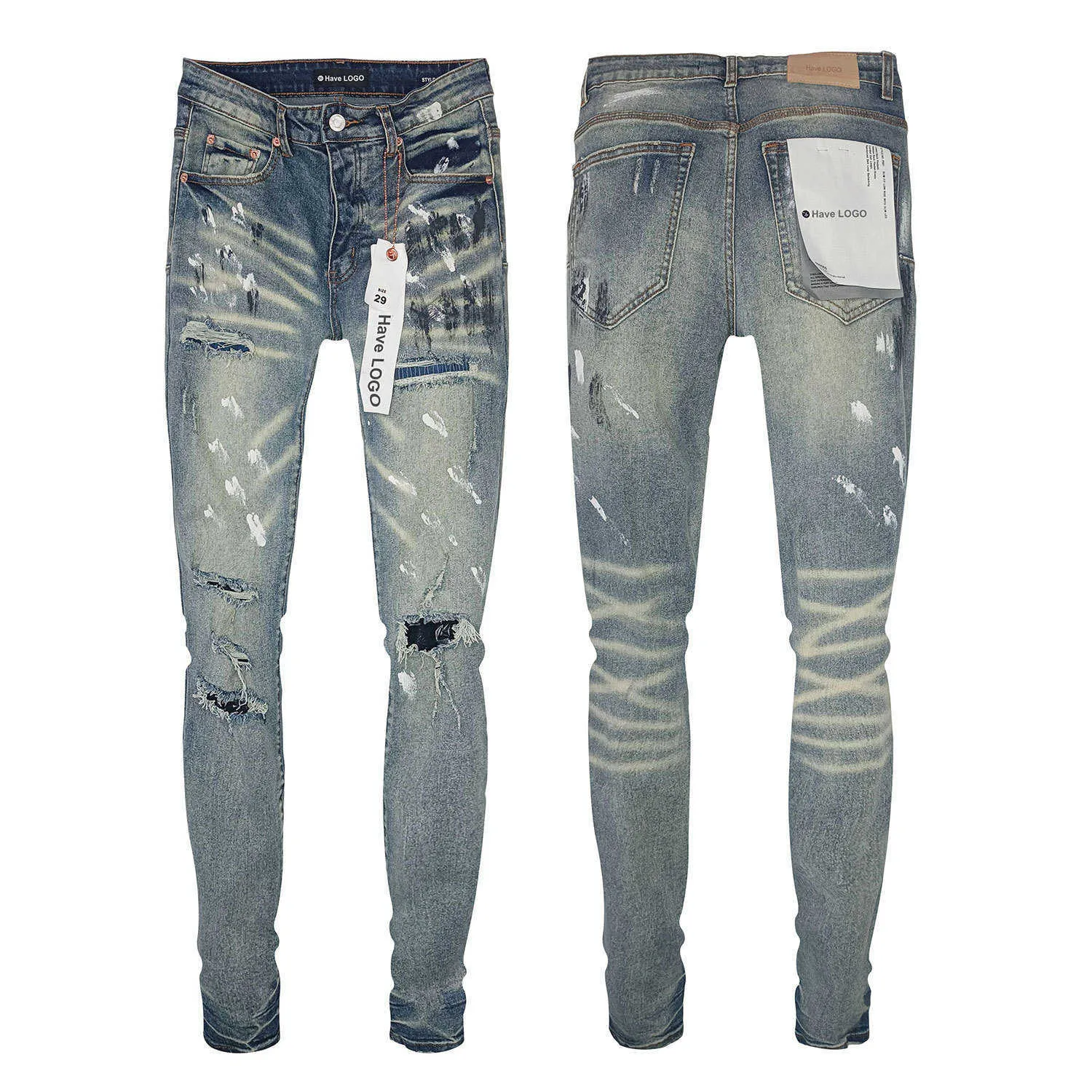 American high street jeans Purple Brand trendy loose fit oversized yellow mud washed holes