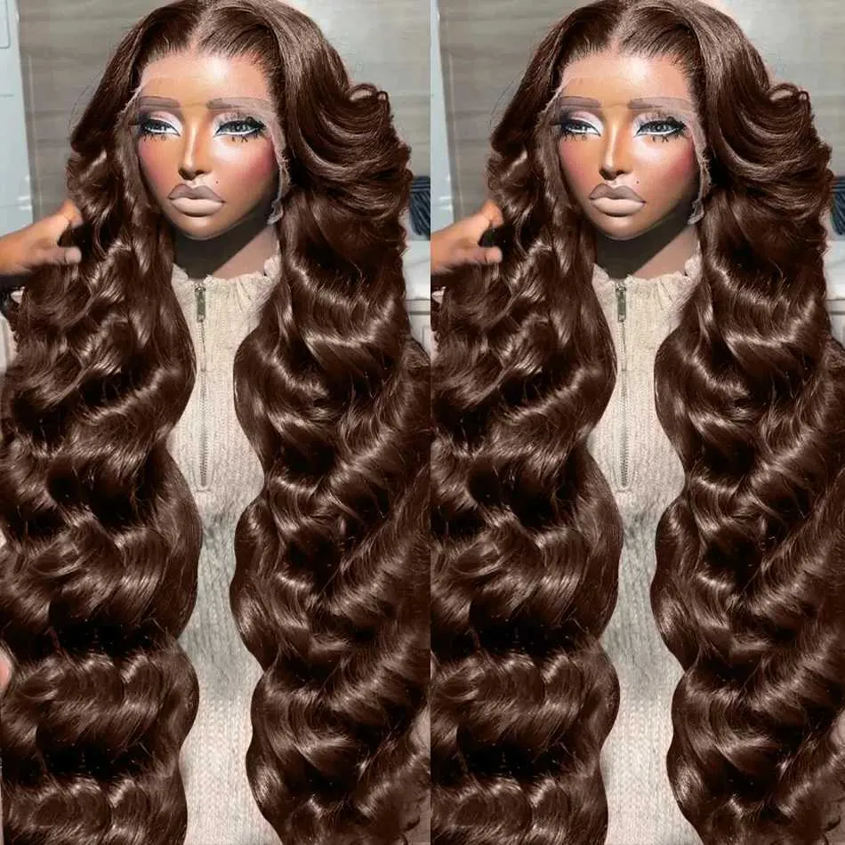 Perruques synthétiques 30 36 pouces 250 Densité Brown Brown Body Wave 13x4 Lace Front Heuvain Wig Brésilien coloré brésilien 13x6 femelle Q240427