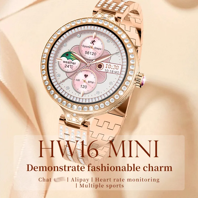 HW16 Mini Luxury Women Smart Watch 1,35 дюйма HD Full Touch Screen Fashion Watch Watch Fitness Tracker Мониторинг здоровья Умные часы с браслетой серьги