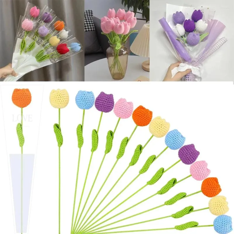 Fiori decorativi a maglia fiore di rosa tulipani finti bouquet decorazione matrimoniale all'uncinetto intrecciato a mano tavolo da casa decorare