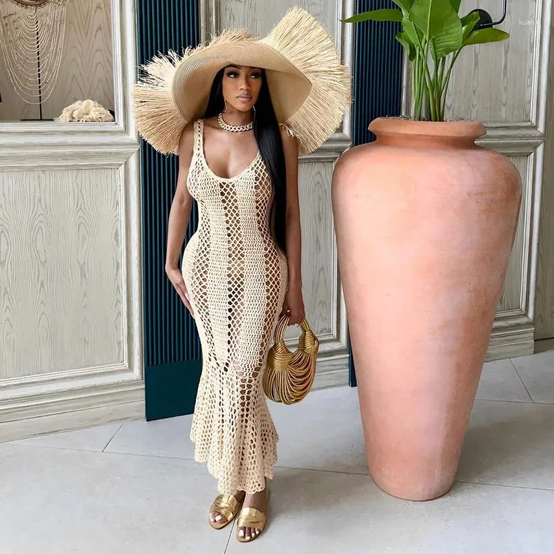crochet knit beach midi dress Bali Square Neck Sleeveless Crochet Midi Dress – Lithologie Co main image 1