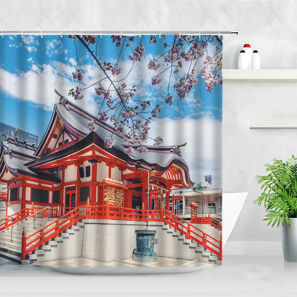 Studio 3D Starożytne budynek prysznicowe Japońskie sanktuarium Garden Cherry Blossom Naturalny sceneria Wodoodporna dekoracje do domu zasłona łazienki