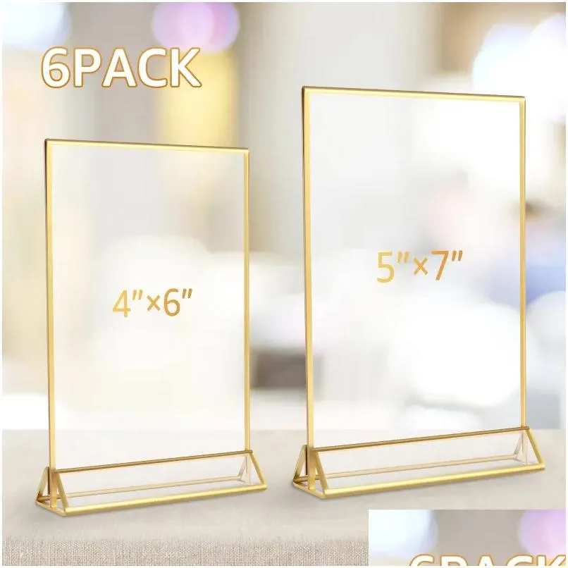 Frames 6Pcs Acrylic Sign Holder Clear Double-Side Display Stand Gold Border Table Flyer 4 X 6Inch/5X7Inch Mtipurpose Menu Drop Deliv Dhsdm