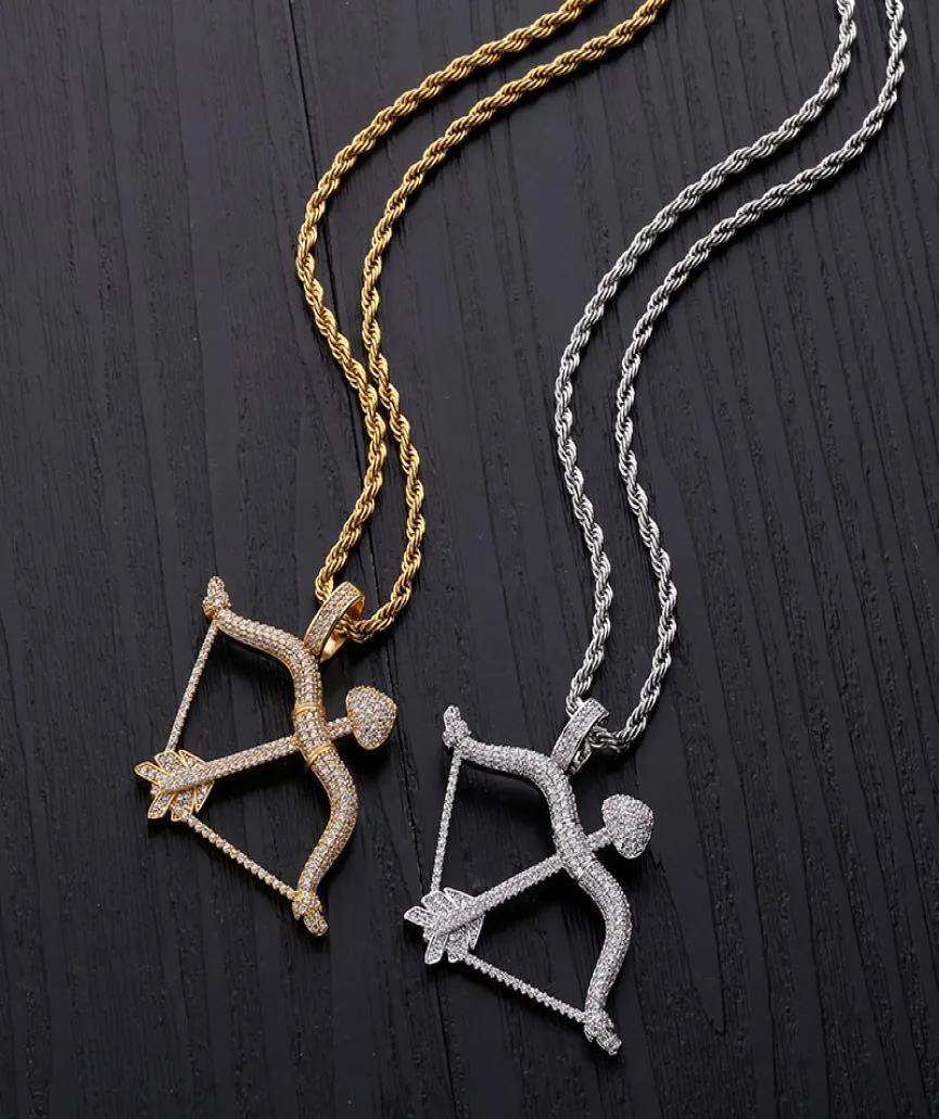 New Designed Iced Out Bow Arrow Pendant Solid Back Necklace Hip Hop Gold Silver Color MensWomen Charm Chain Jewelry6893459