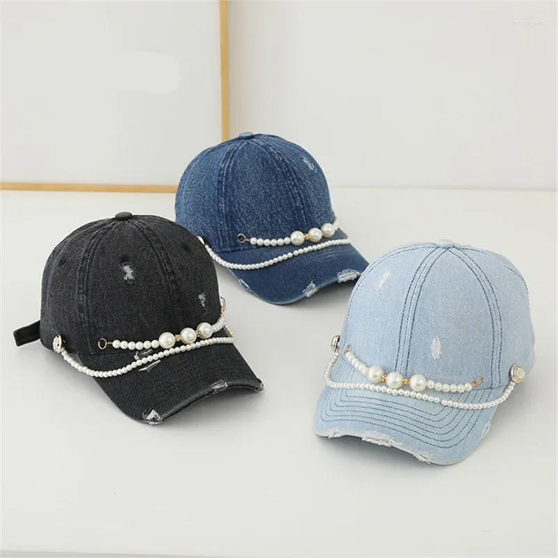 Ball Caps 202404-2509215 INS Chic Denim Tissu Perle Chain Button Street Lady Baseball Hat Women Women Leisure Visors Cap