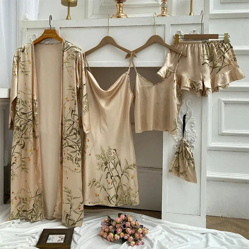 Bathrobe de longueur pour femmes set en soie printemps automne imprimé floral dames robe de chambre 4 pièces pyjama en satin d'été set satin 240418