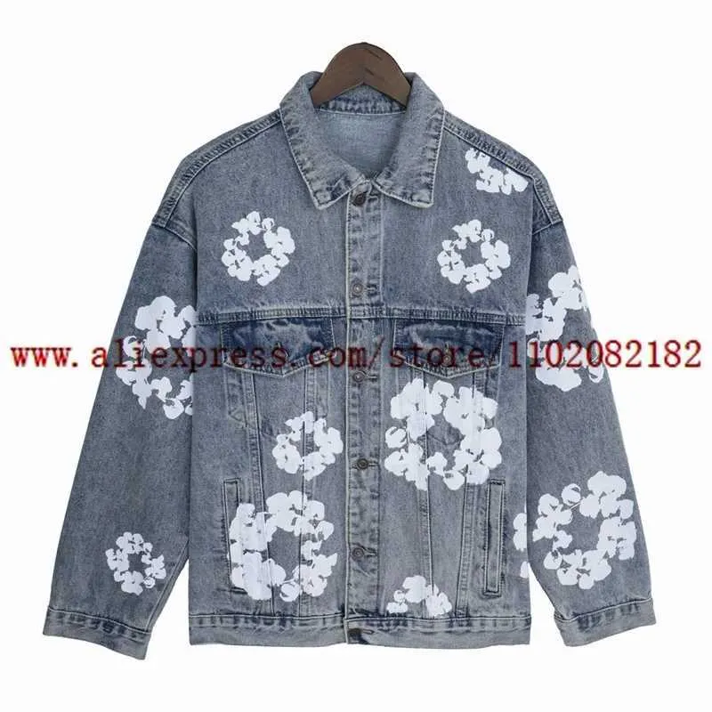 Men's Jackets Light Blue Kapok Printed Denim Jacket Men Women Best Quality Versatile Fashion Coat Strtwear Top H240429