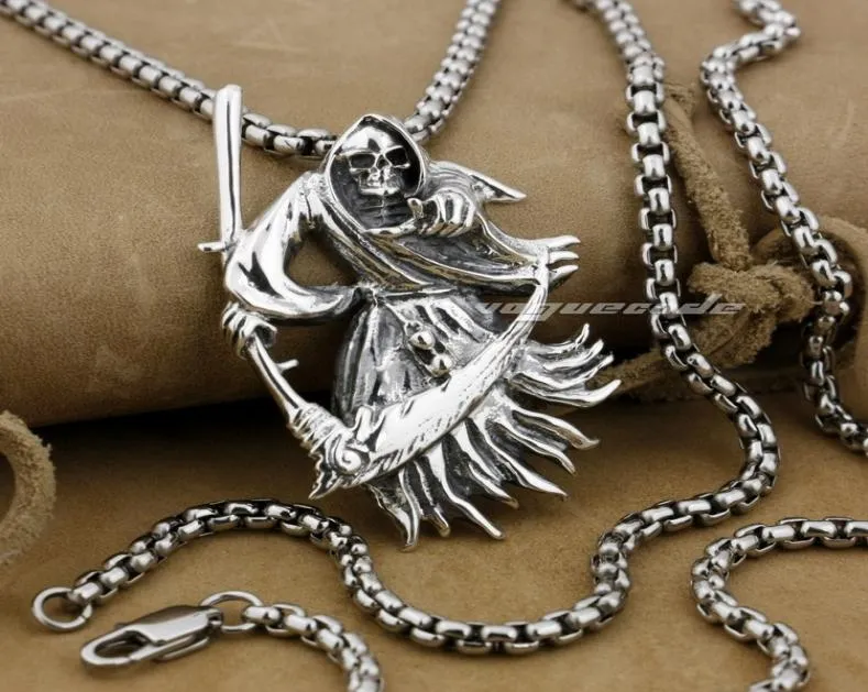 Linsion 925 Serling Silver Large Grim Reaper Scythe Death Mens Biker Rock Punk Pendant 9H012 Collier en acier inoxydable 24 pouces7790050