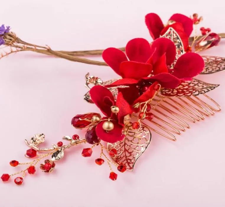 Cały czerwony kwiat grzebień włosów ślubnych Hair Hair Akcesoria Złote Liść Bridal Combs Kobiet Kobiet Jewelry40949907101971